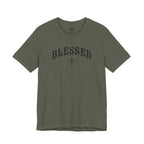 Heather green t-shirt with 'BLESSED' text on a white background