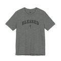Heather gray t-shirt with 'BLESSED' text on a white background