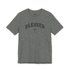 Heather gray t-shirt with 'BLESSED' text on a white background