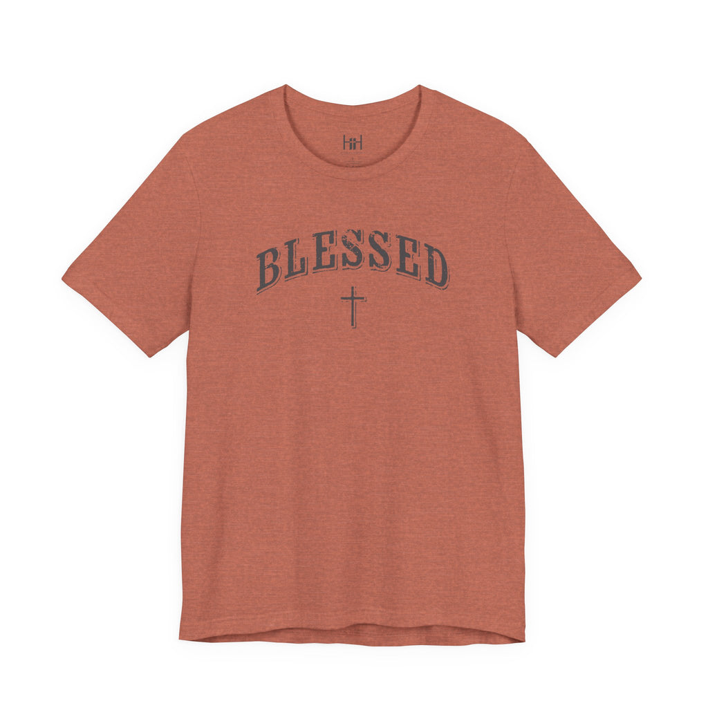 Red t-shirt with 'BLESSED'  text on a white background