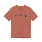 Red t-shirt with 'BLESSED'  text on a white background
