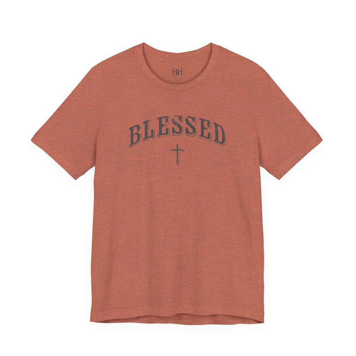 Red t-shirt with 'BLESSED'  text on a white background