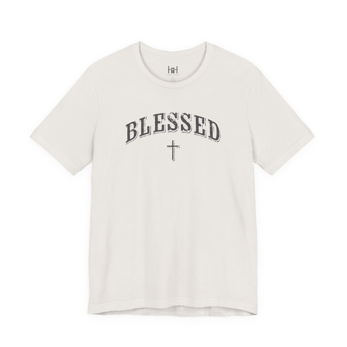 A white short-sleeve crewneck t-shirt featuring the word 'BLESSED' in an arched, distressed black font with a matching cross underneath, displayed on a clean white background.