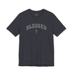 Heather dark gray t-shirt with 'BLESSED' text on a white background