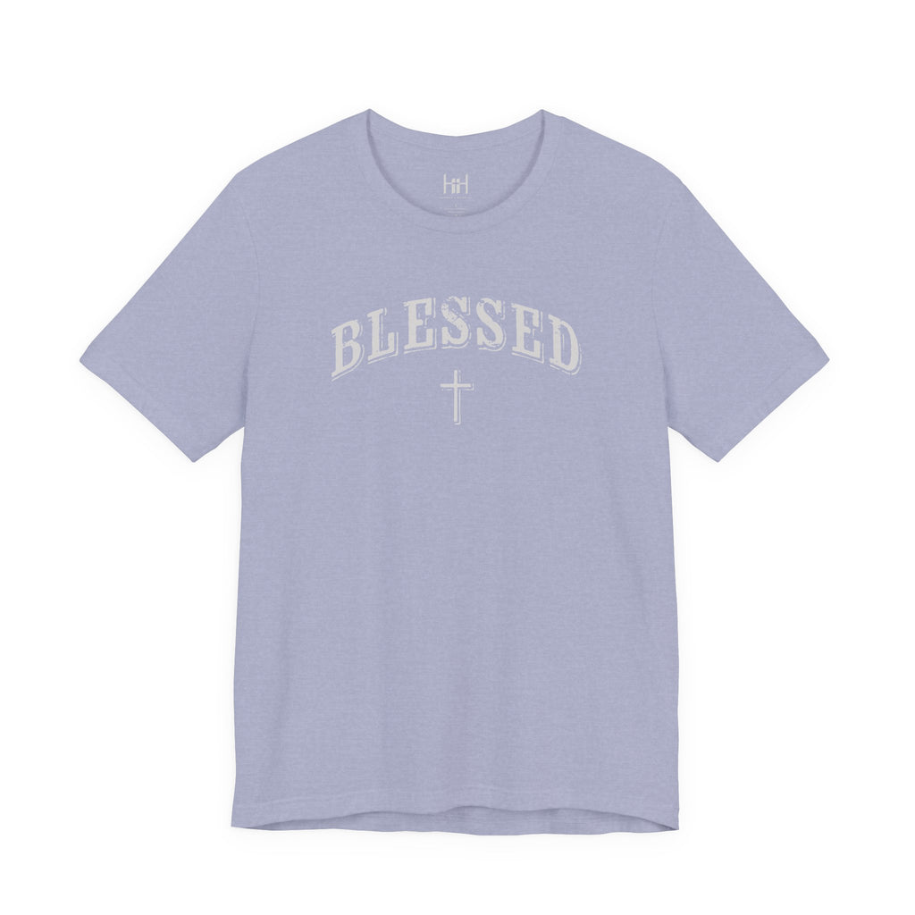 Plain light blue t-shirt with 'BLESSED' text on a white background