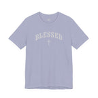 Plain light blue t-shirt with 'BLESSED' text on a white background