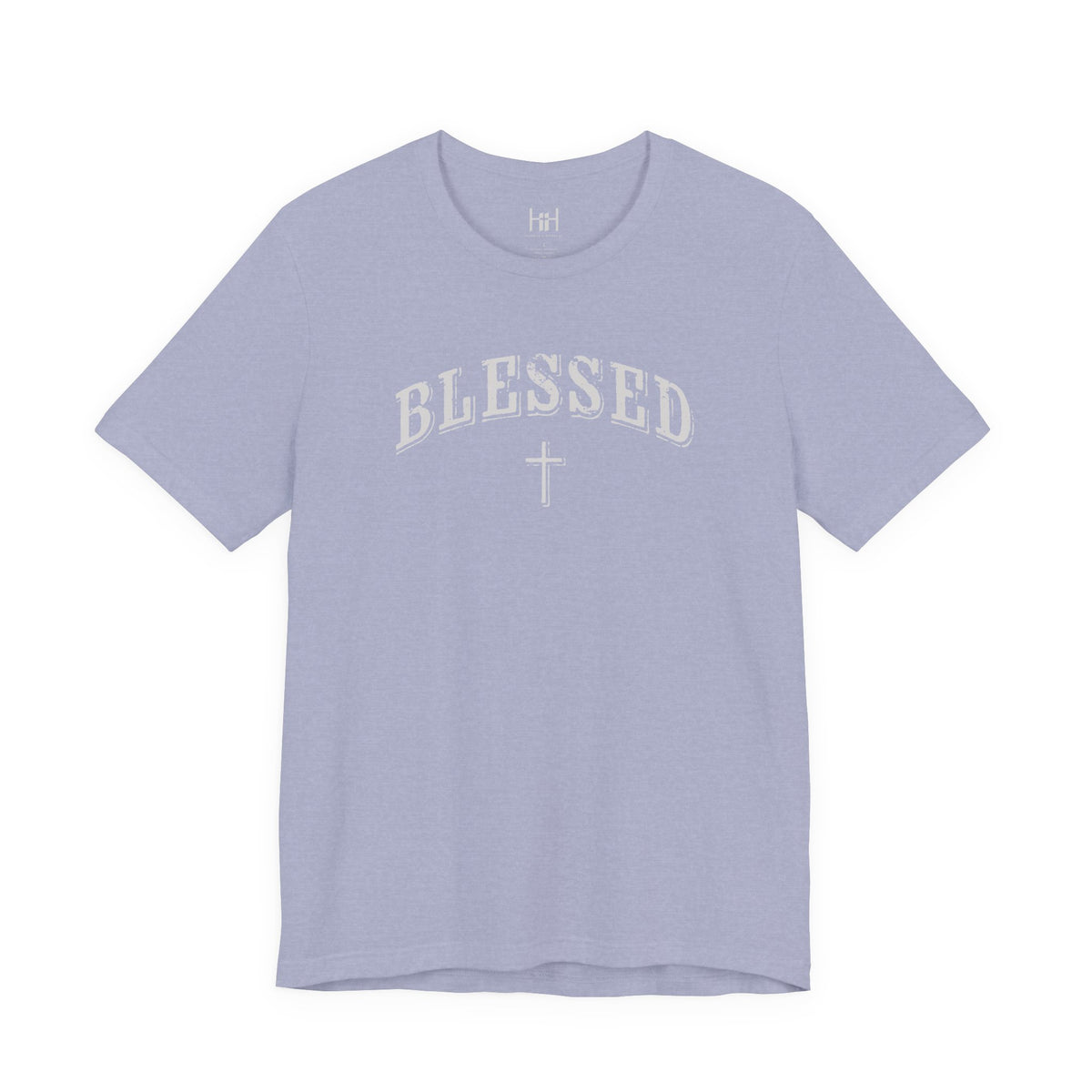 Plain light blue t-shirt with 'BLESSED' text on a white background