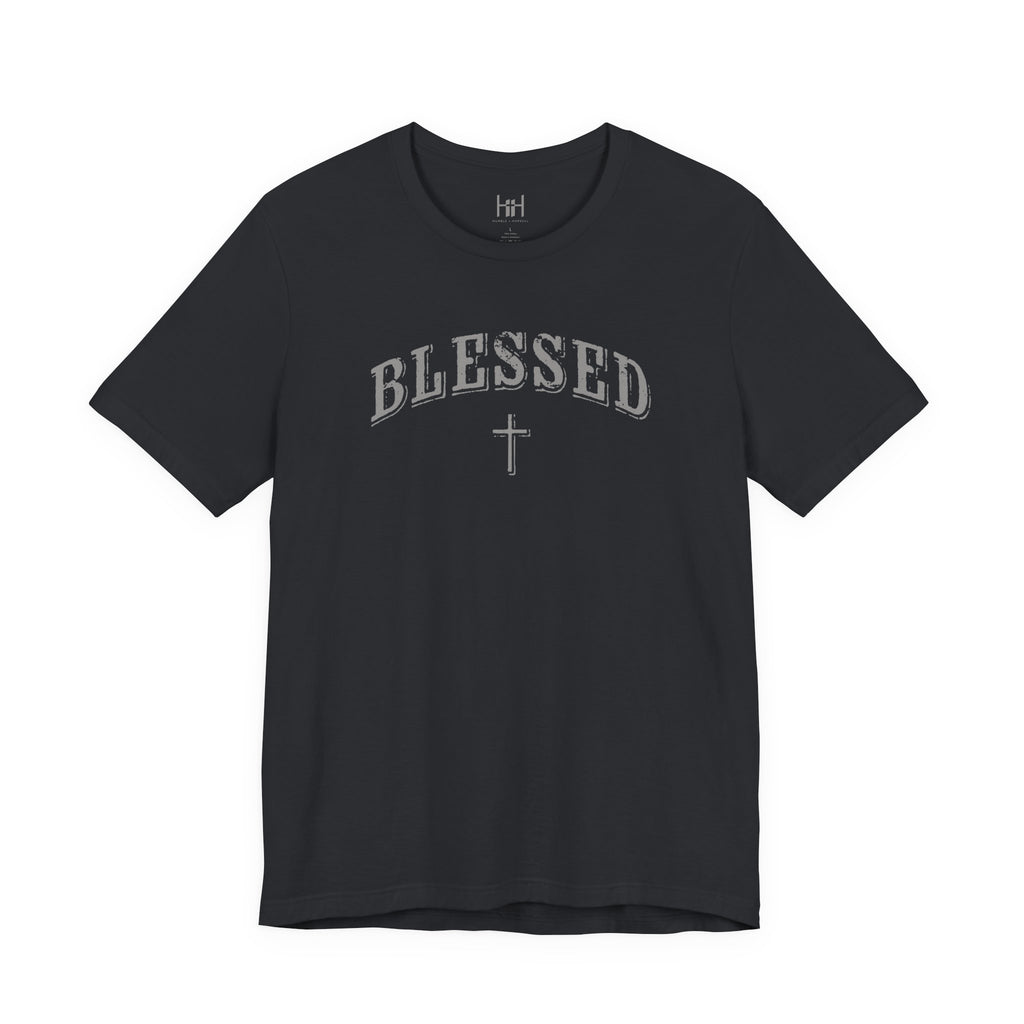 Black t-shirt with 'BLESSED' text on a white background