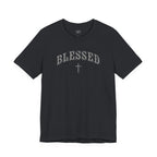 Black t-shirt with 'BLESSED' text on a white background