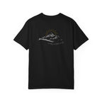 A black t-shirt with a mountain with a rising sun and the Way, the Truth, the Life text printed underneath the graphic on a white background.
