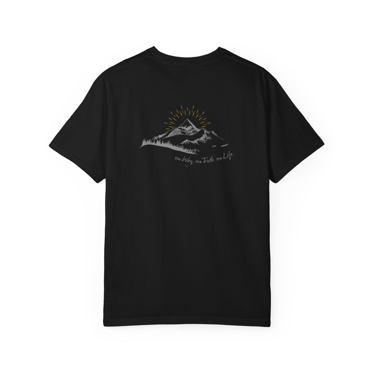 A black t-shirt with a mountain with a rising sun and the Way, the Truth, the Life text printed underneath the graphic on a white background.