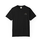 Black t-shirt with small mountain design and 'humble and hopeful' text on a white background