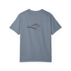 A blue jean color t-shirt with a mountain with a rising sun and the Way, the Truth, the Life text printed underneath the graphic on a white background.