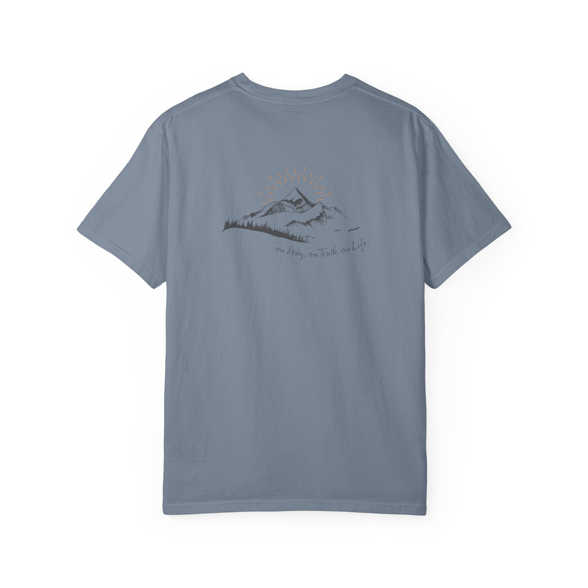 A blue jean color t-shirt with a mountain with a rising sun and the Way, the Truth, the Life text printed underneath the graphic on a white background.