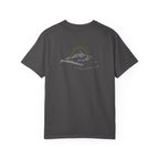 A graphite t-shirt with a mountain with a rising sun and the Way, the Truth, the Life text printed underneath the graphic on a white background.