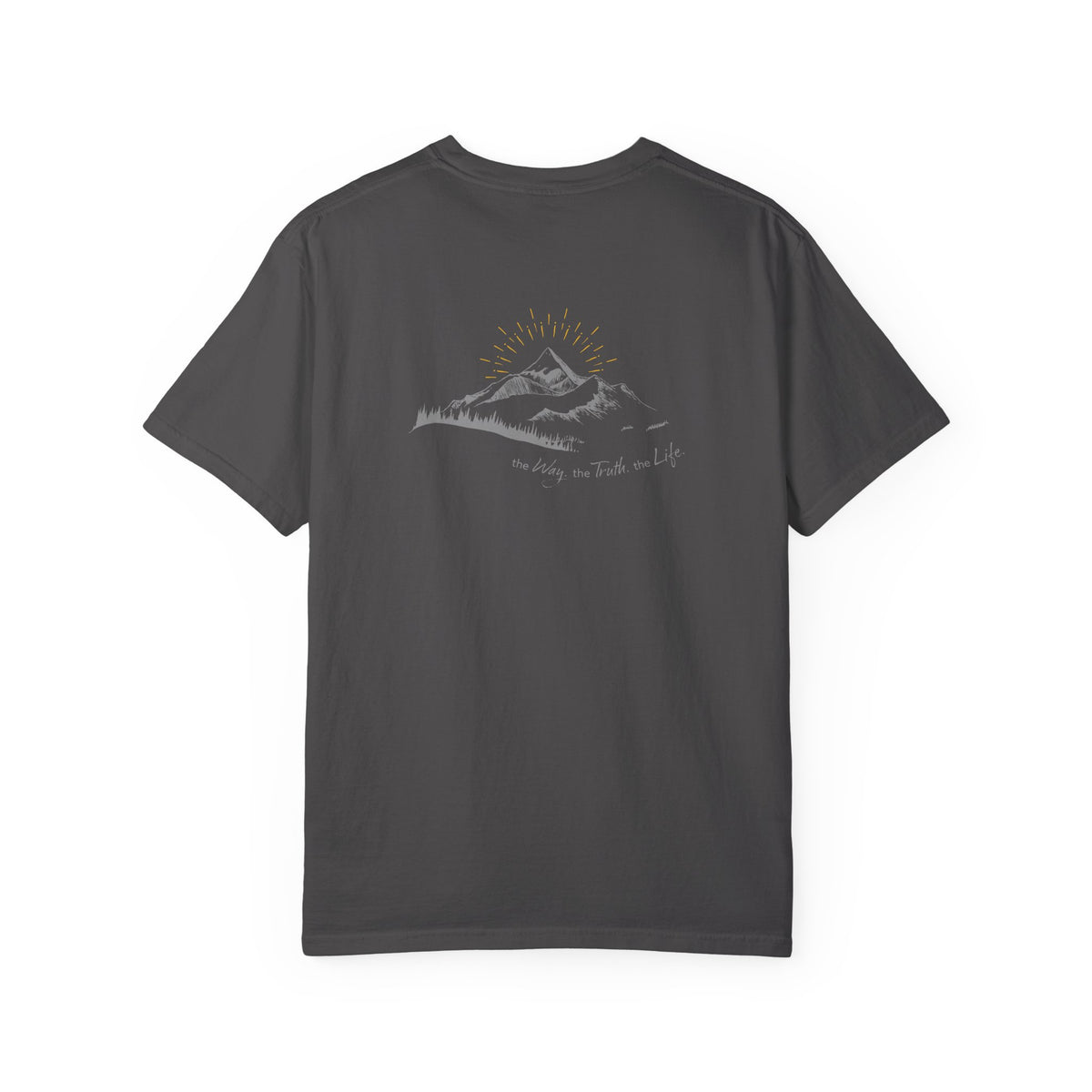 A graphite t-shirt with a mountain with a rising sun and the Way, the Truth, the Life text printed underneath the graphic on a white background.