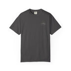 Graphite t-shirt with small mountain design and 'humble and hopeful' text on a white background.