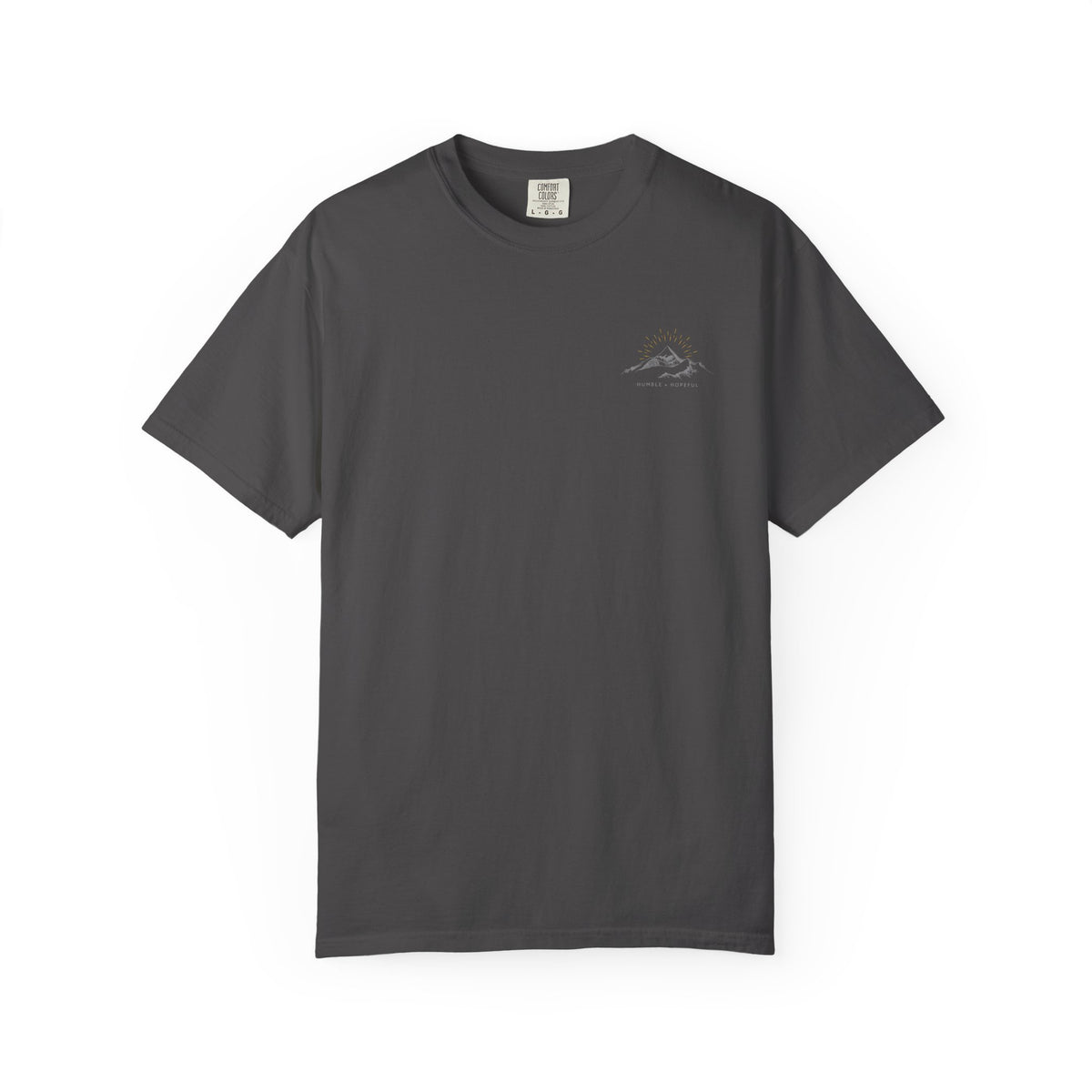 Graphite t-shirt with small mountain design and 'humble and hopeful' text on a white background.