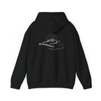 A black hooded sweatshirt shown from the back, with a mountain with a rising sun and the Way, the Truth, the Life text printed underneath the graphic on a white background.