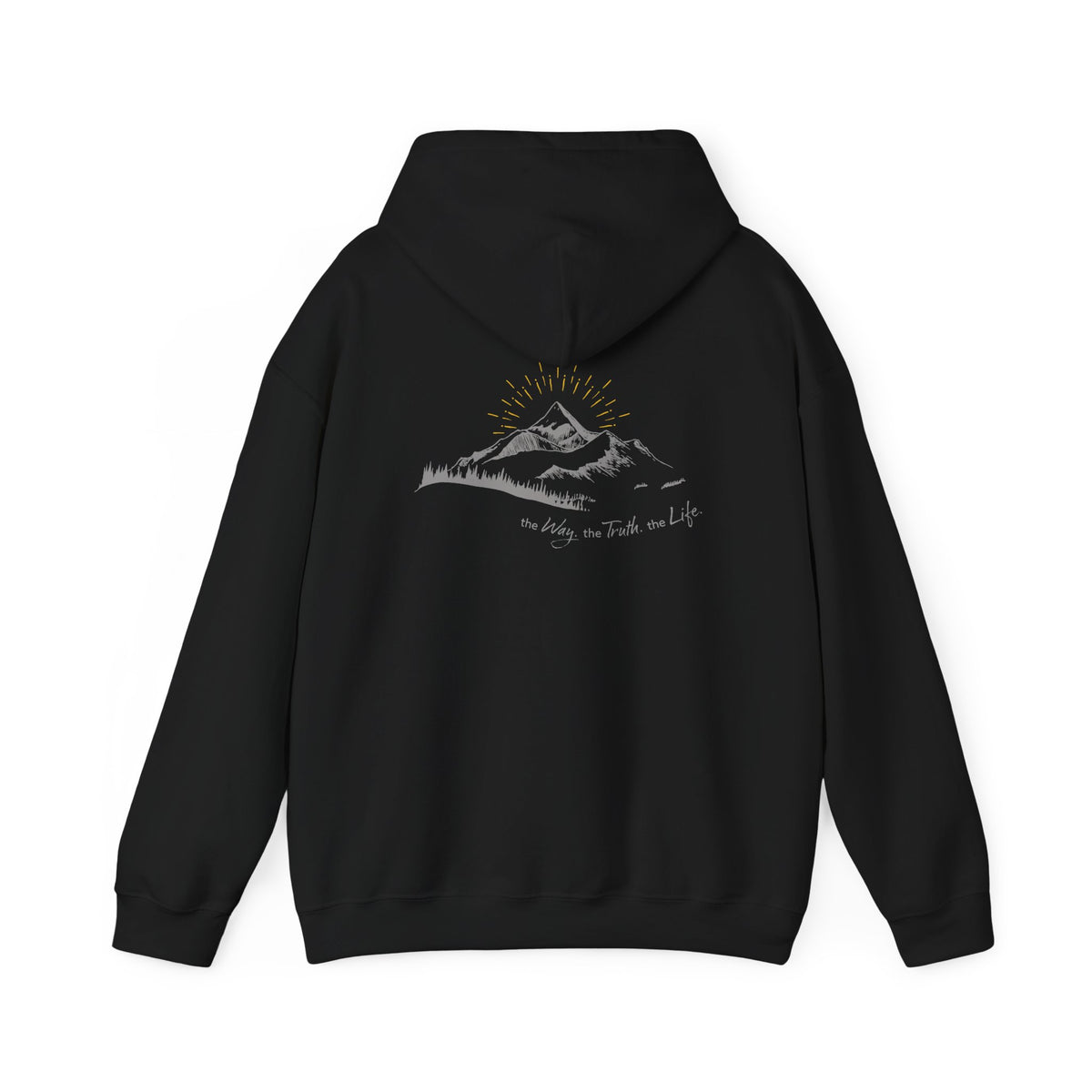 A black hooded sweatshirt shown from the back, with a mountain with a rising sun and the Way, the Truth, the Life text printed underneath the graphic on a white background.