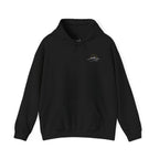 Black pullover hoodie with a small mountain and humble and hopeful text on a white background.
