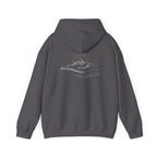 A charcoal gray hooded sweatshirt shown from the back, with a mountain with a rising sun and the Way, the Truth, the Life text printed underneath the graphic on a white background.