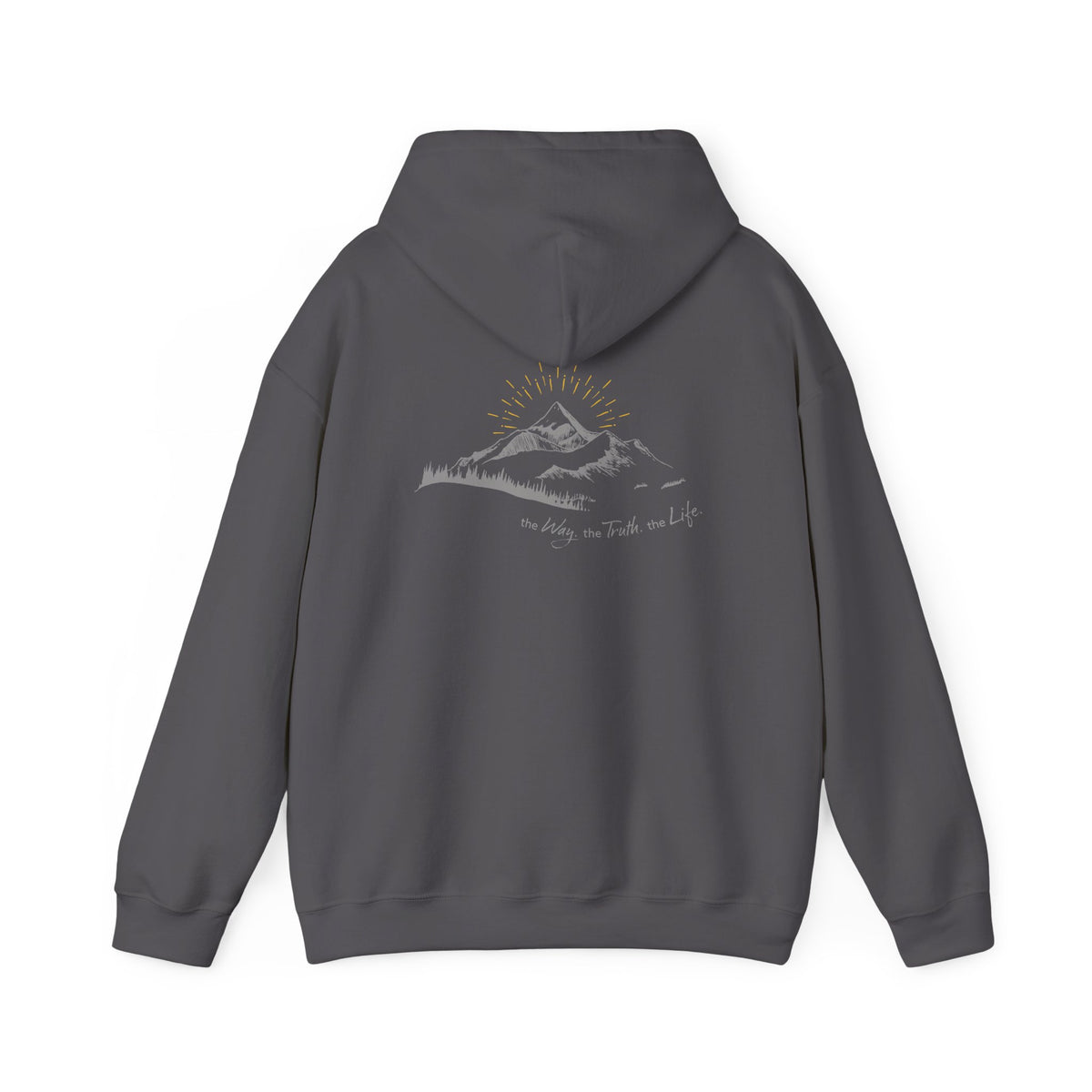 A charcoal gray hooded sweatshirt shown from the back, with a mountain with a rising sun and the Way, the Truth, the Life text printed underneath the graphic on a white background.