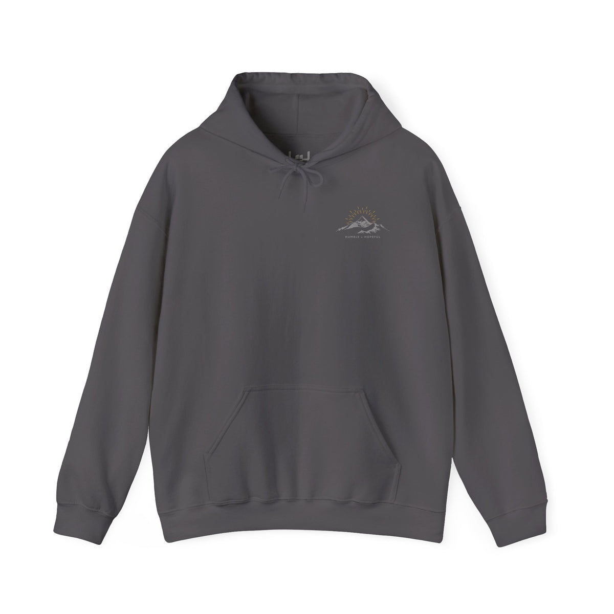 Charcoal gray pullover hoodie with a small mountain and humble and hopeful text on a white background.