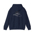 A navy hooded sweatshirt shown from the back, with a mountain with a rising sun and the Way, the Truth, the Life text printed underneath the graphic on a white background.
