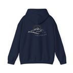 A navy hooded sweatshirt shown from the back, with a mountain with a rising sun and the Way, the Truth, the Life text printed underneath the graphic on a white background.