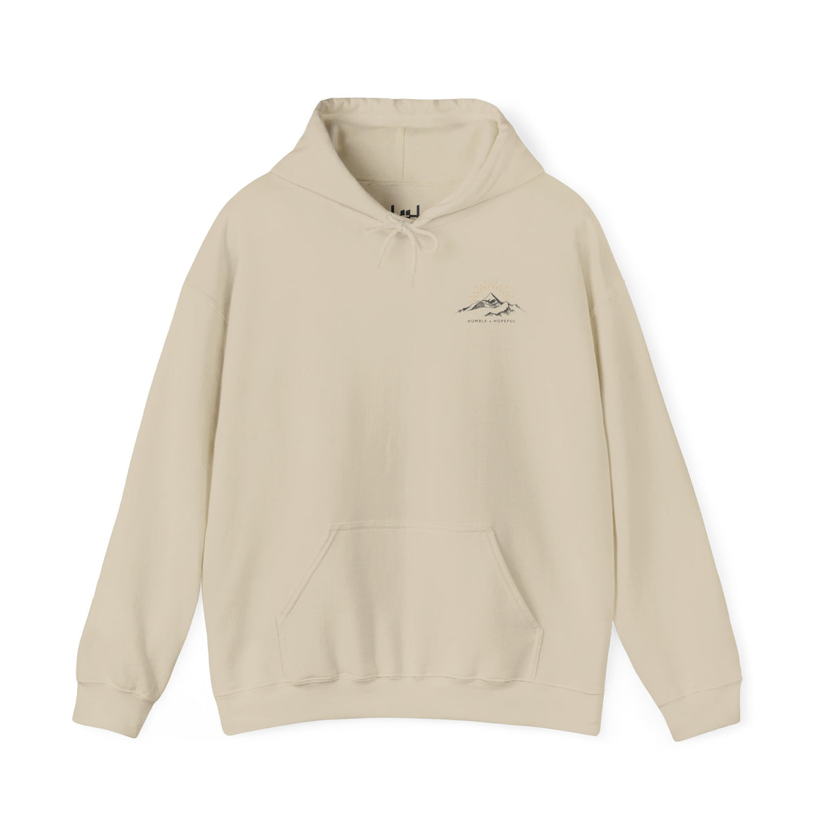 Beige pullover hoodie with a small mountain and humble and hopeful text on a white background.