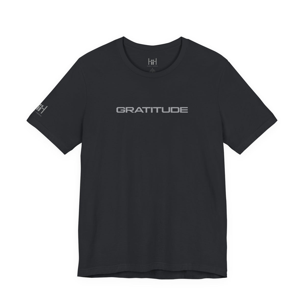 Black t-shirt with 'GRATITUDE' text on a white background