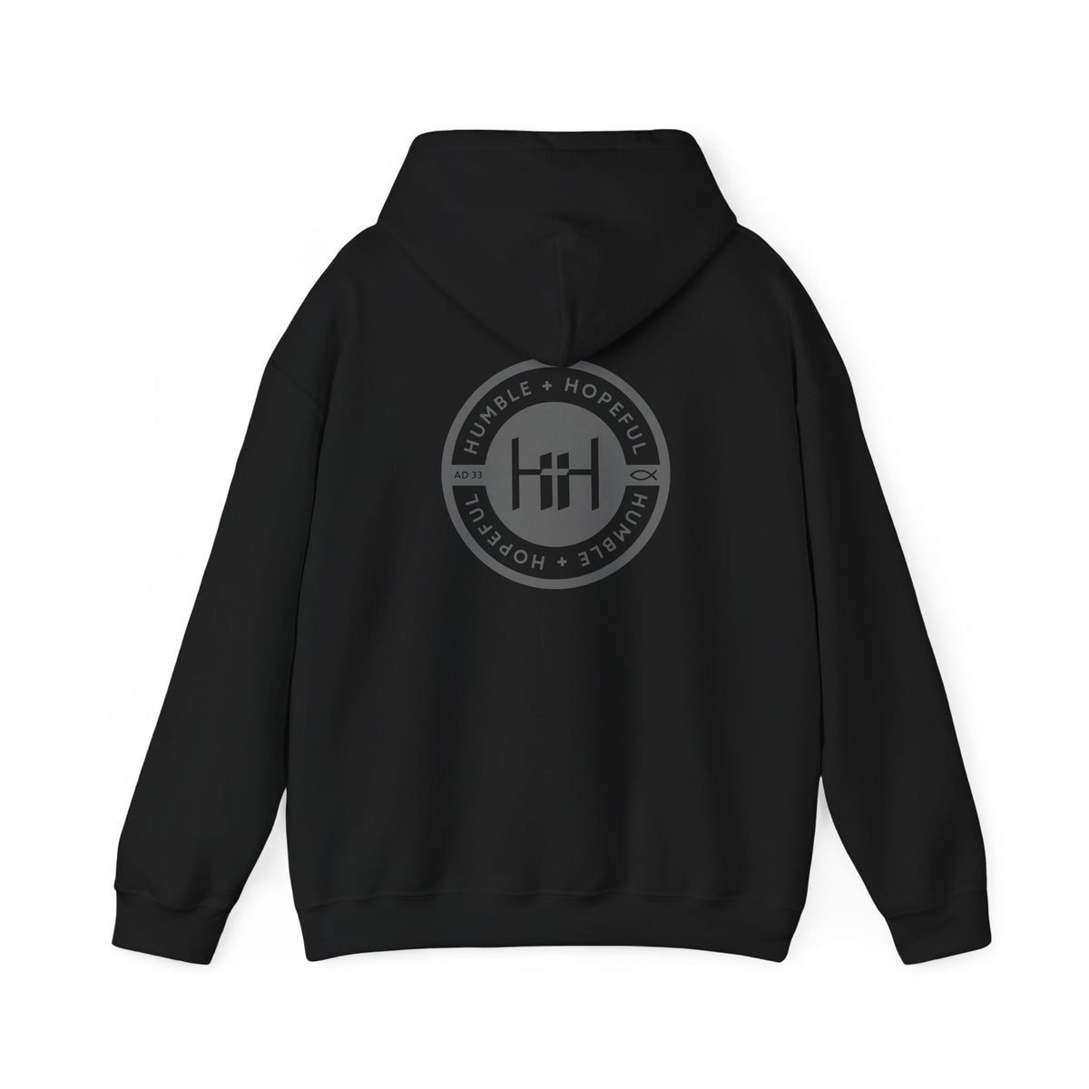 Black hoodie with 'Humble+Hopeful' logo on the back against a white background