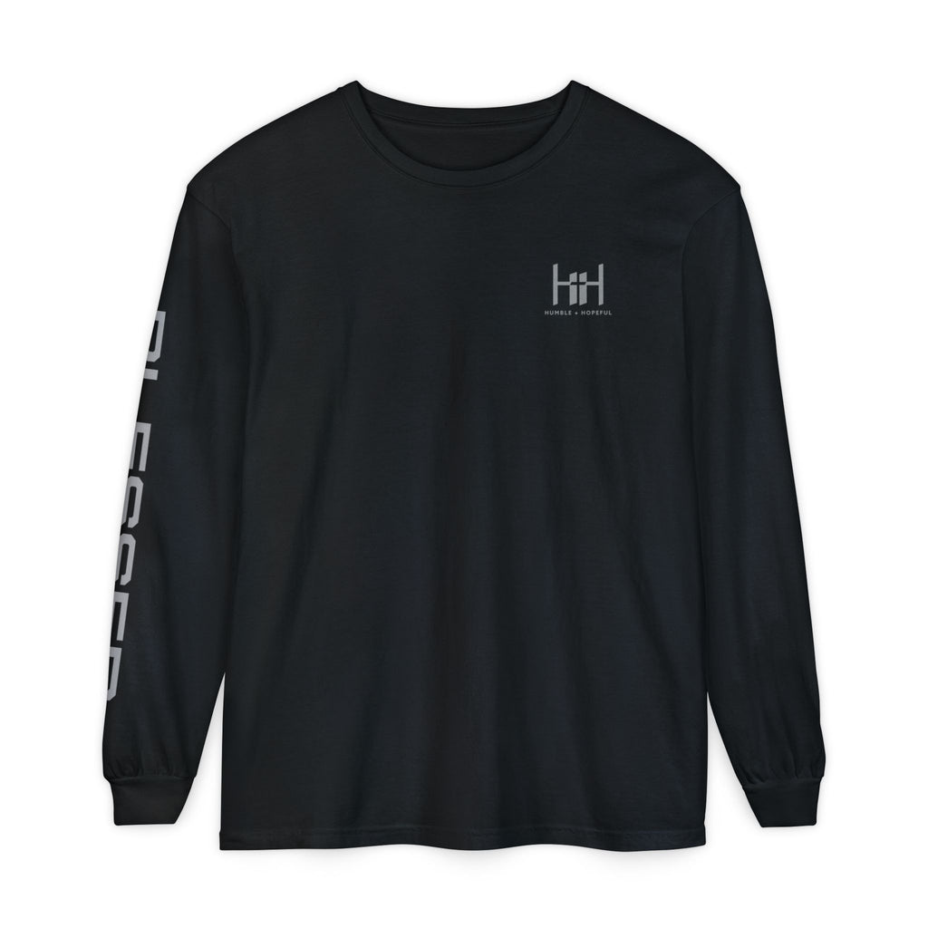 Black long sleeve t-shirt with 'Humble+Hopeful' logo on a white background