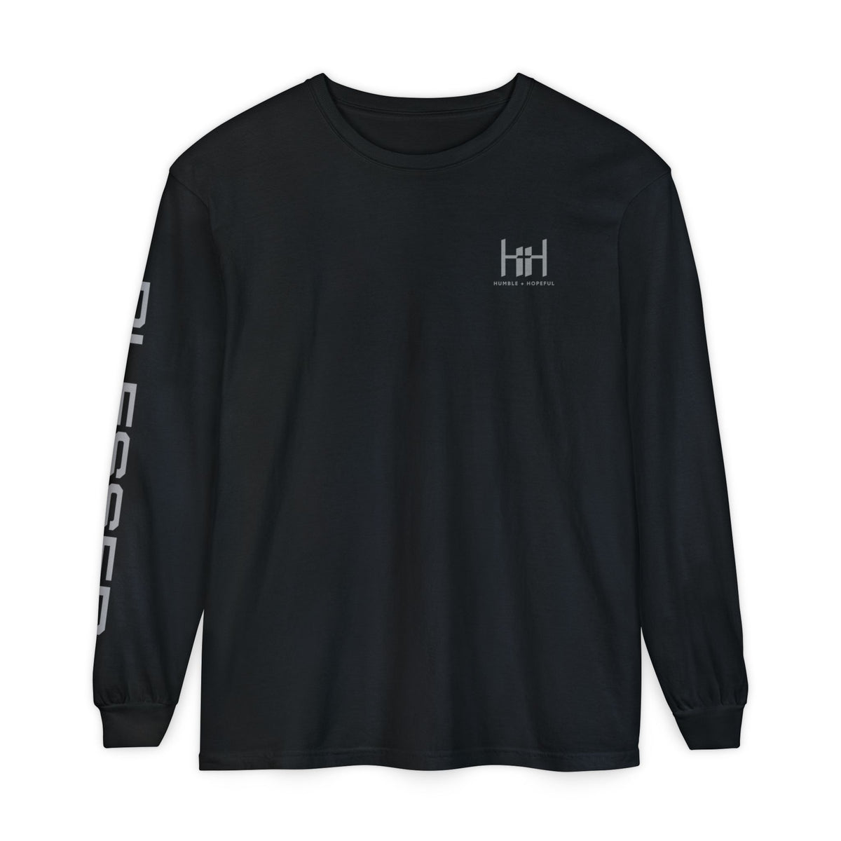 Black long sleeve t-shirt with 'Humble+Hopeful' logo on a white background