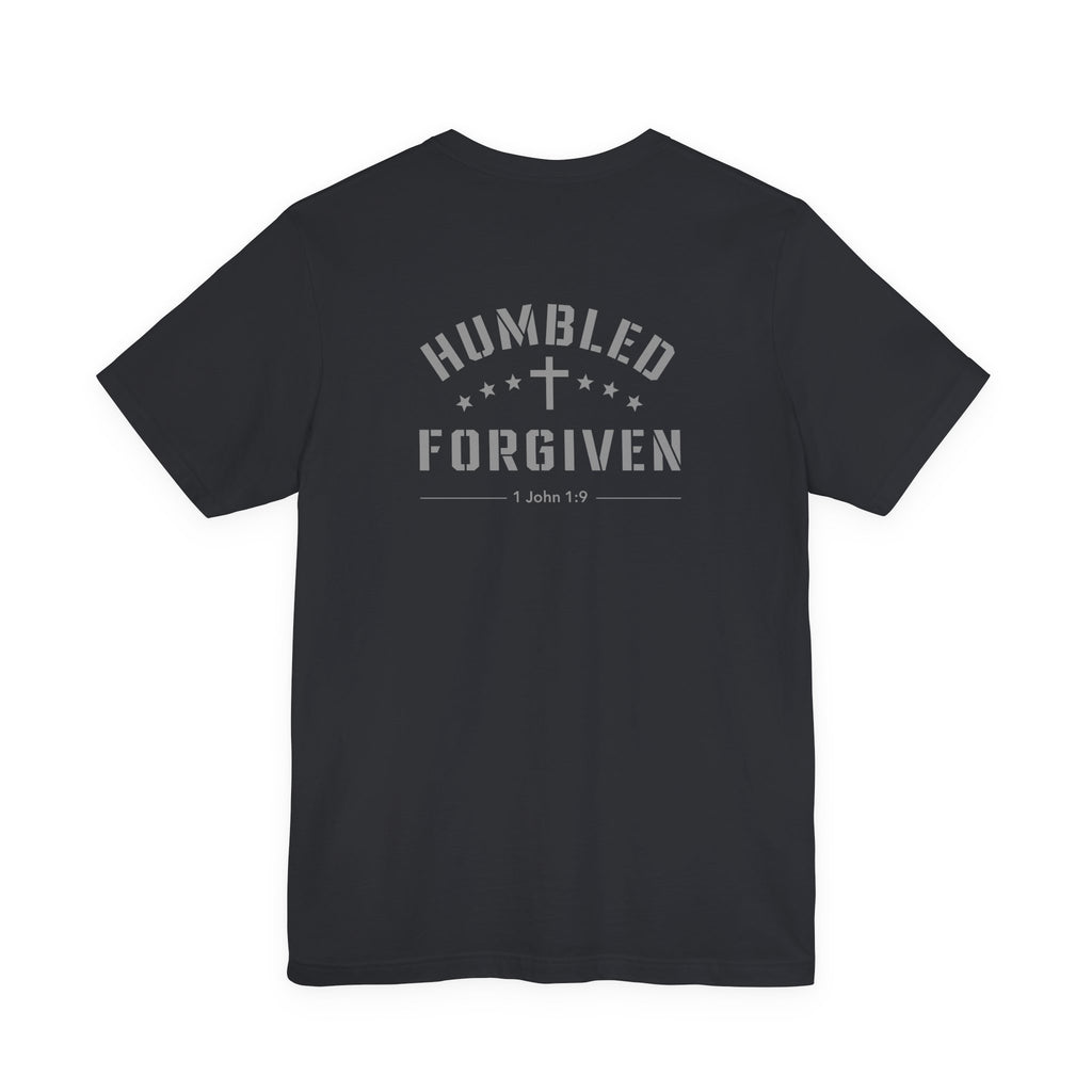 Black t-shirt on a white background with 'Hmbled + Forgiven' written on it