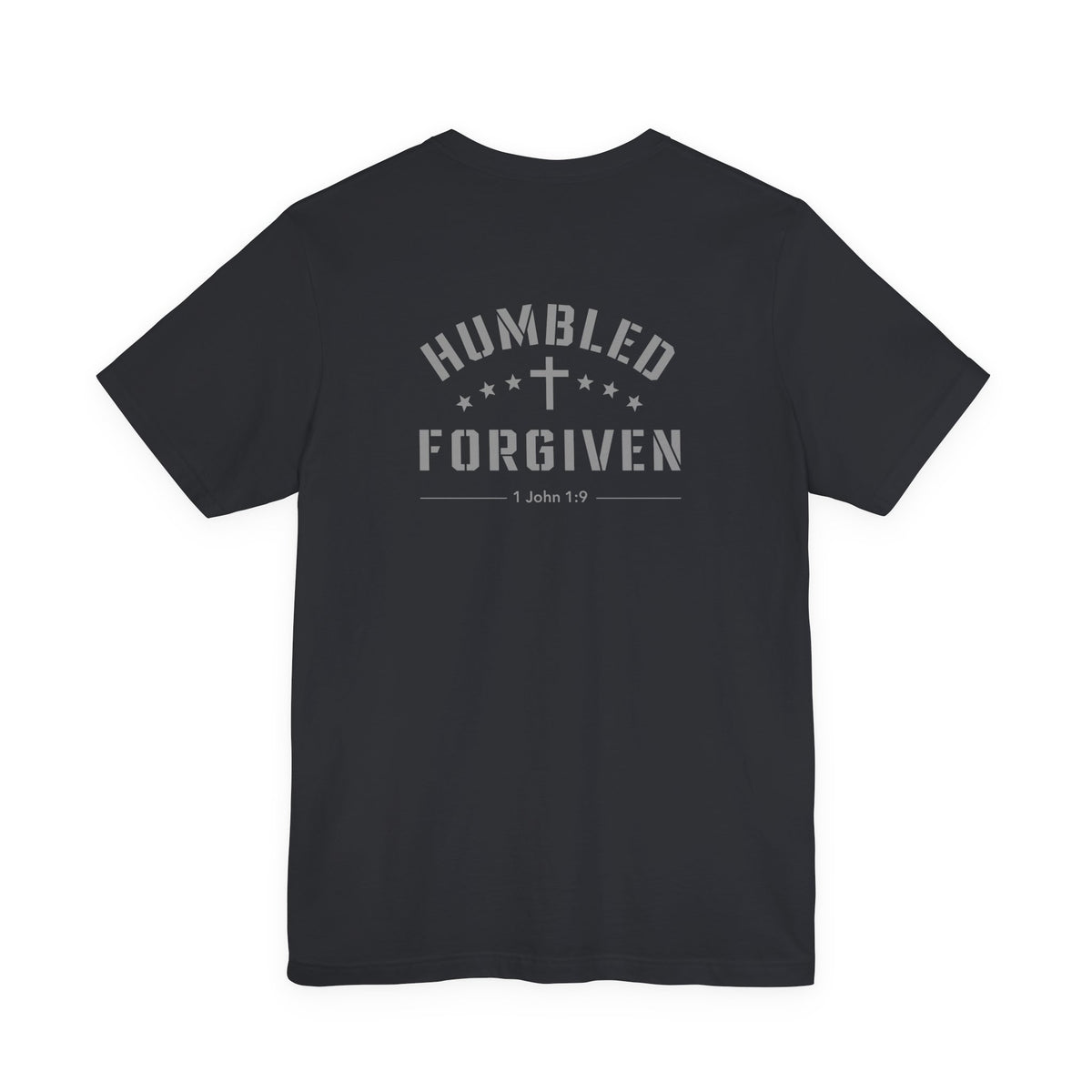 Black t-shirt on a white background with 'Hmbled + Forgiven' written on it