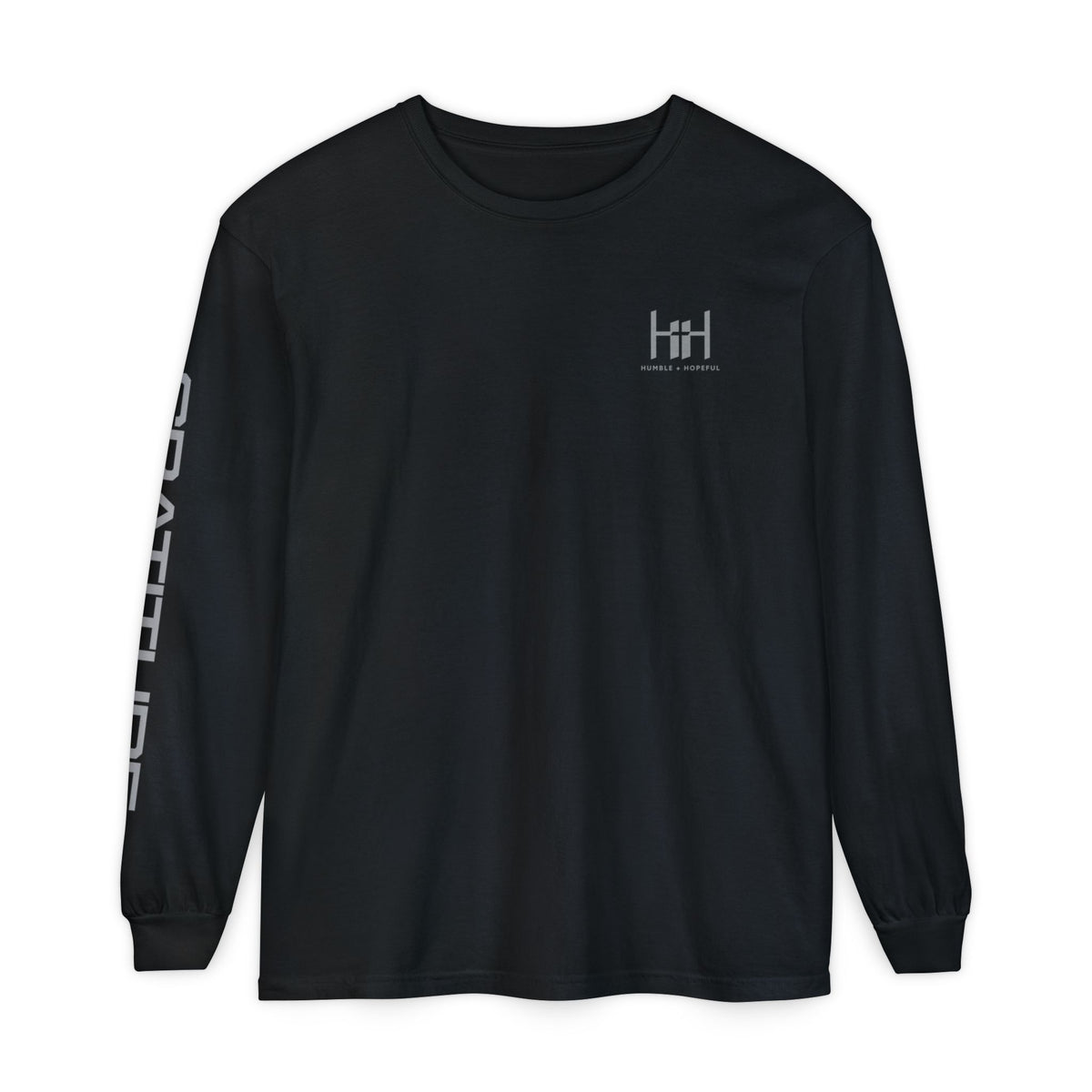 Black long sleeve t-shirt with 'Humble+Hopeful' logo on a white background
