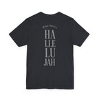 black t-shirt with 'Hallelujah' written on the back