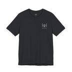 Black t-shirt with a white 'H+H' logo on a white background