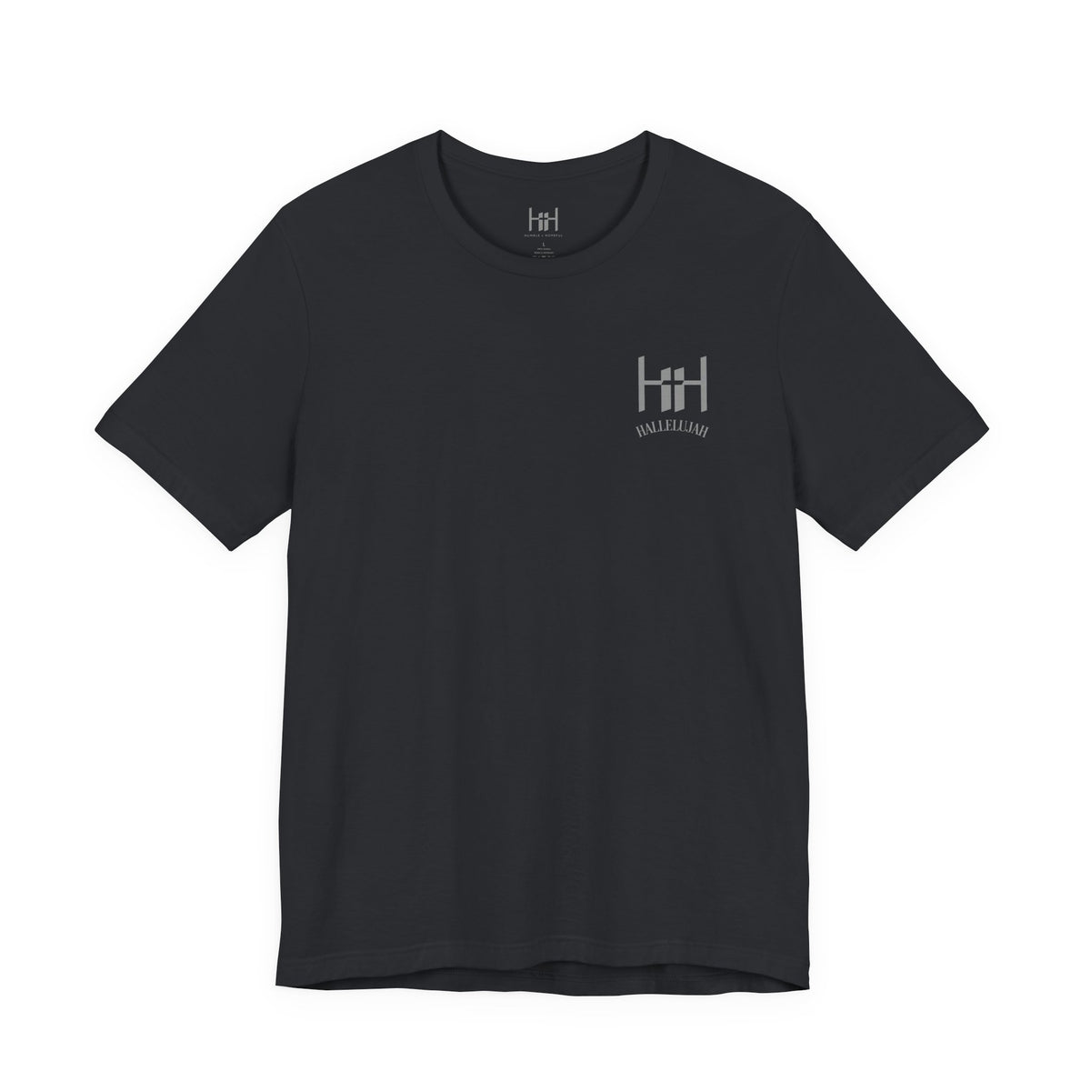 Black t-shirt with a white 'H+H' logo on a white background