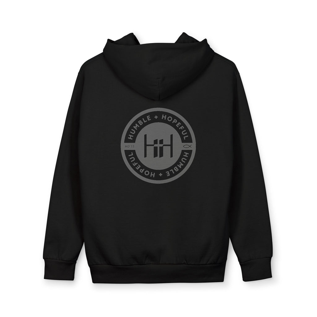 Black hoodie with 'Humble+Hopeful' logo on the back against a white background