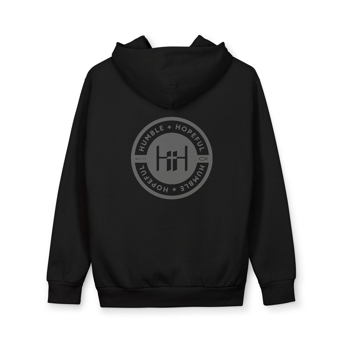 Black hoodie with 'Humble+Hopeful' logo on the back against a white background