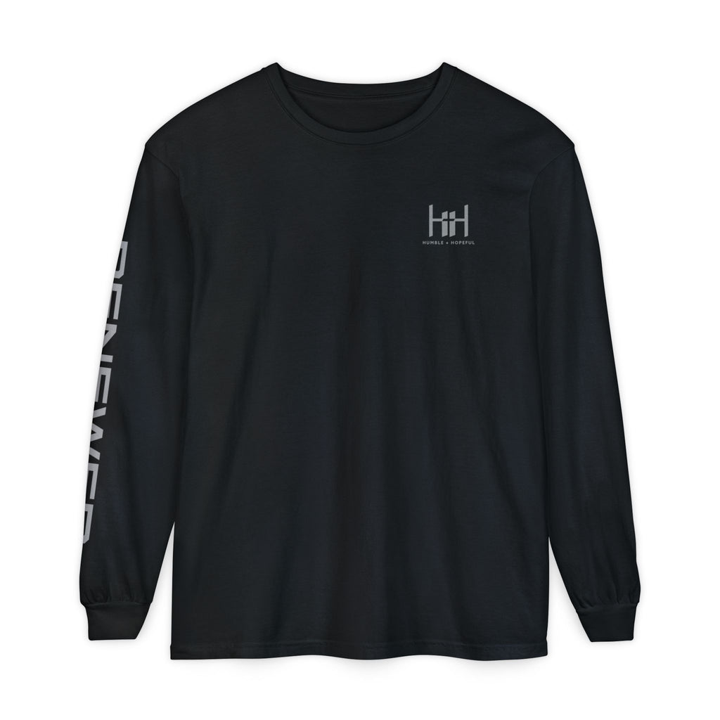 Black long sleeve t-shirt with 'Humble+Hopeful' logo on a white background