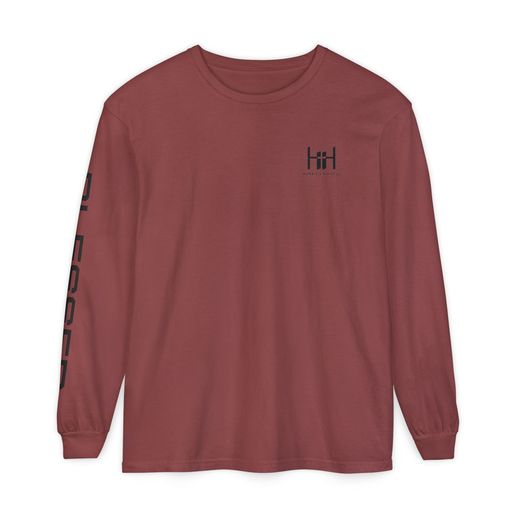 Brick long sleeve t-shirt with 'Humble+Hopeful' logo on a white background