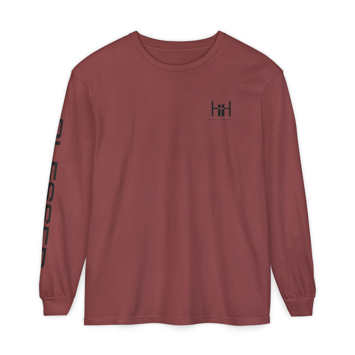 Brick long sleeve t-shirt with 'Humble+Hopeful' logo on a white background