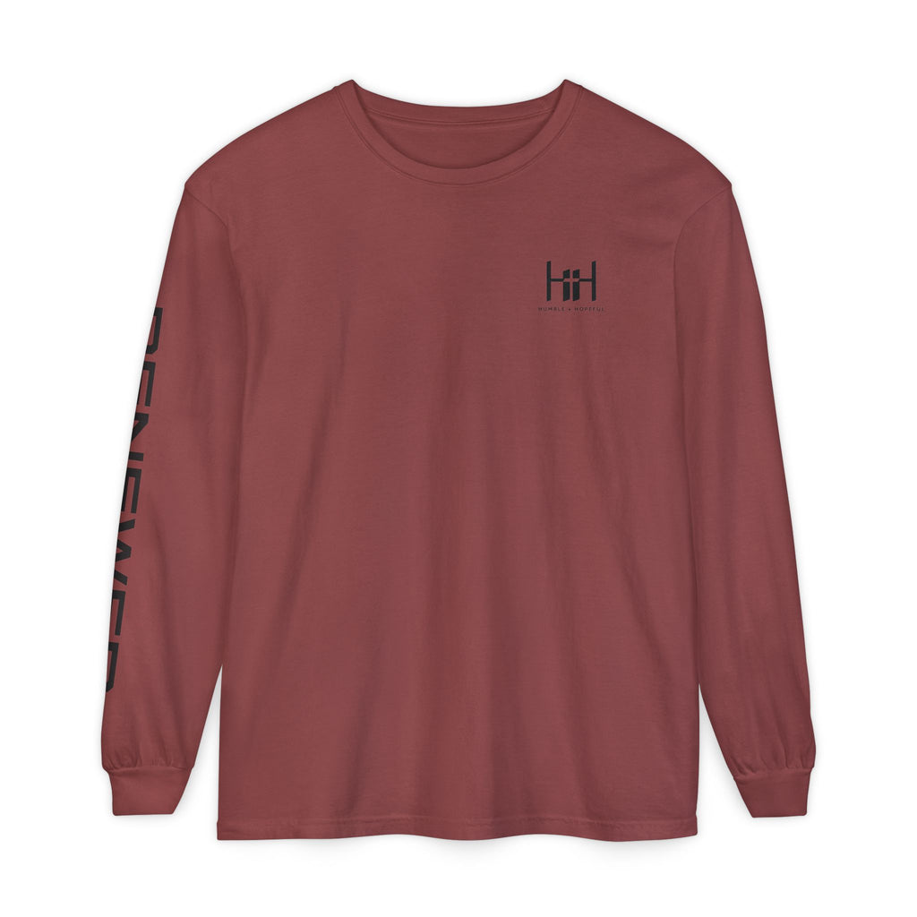brick long sleeve t-shirt with 'Humble+Hopeful' logo on a white background