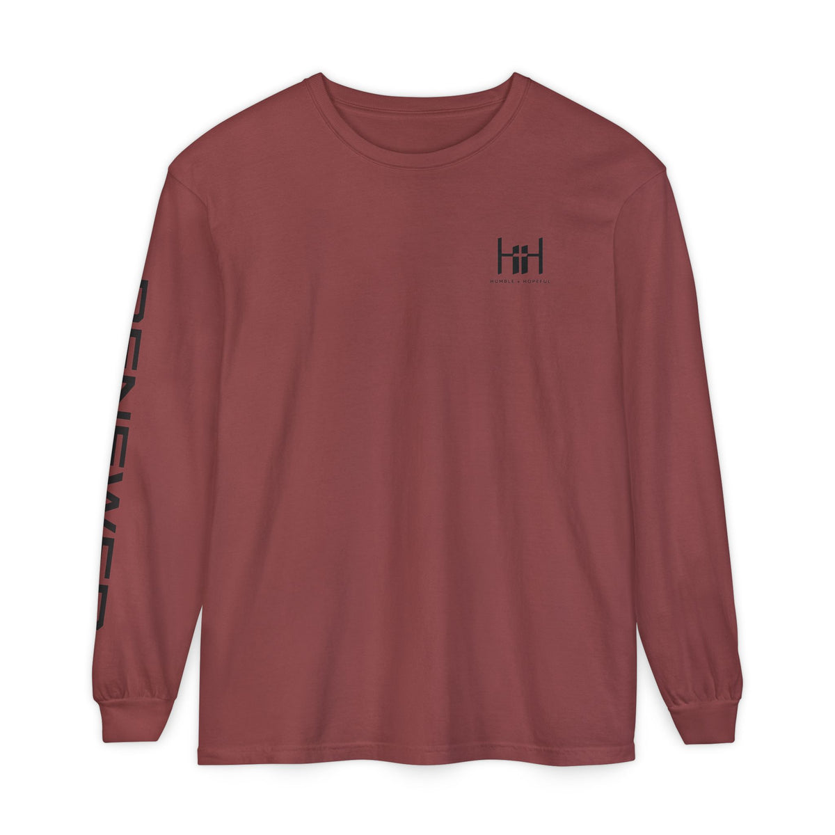 brick long sleeve t-shirt with 'Humble+Hopeful' logo on a white background