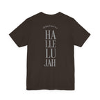 Brown t-shirt with 'Hallelujah' branding on a white background