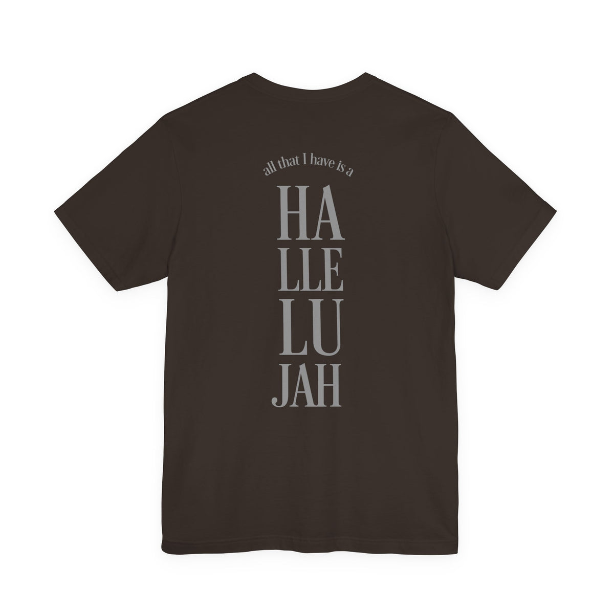 Brown t-shirt with 'Hallelujah' branding on a white background